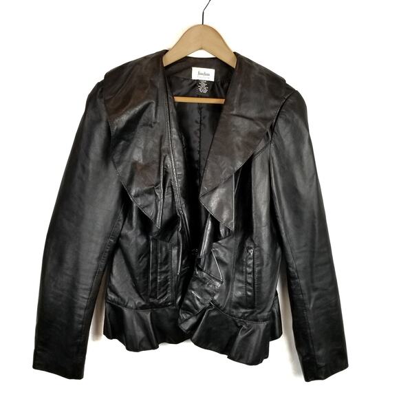 Neiman Marcus Women's Black Leather Ruffle Collar Jacket Size L Large - Picture 1 of 7